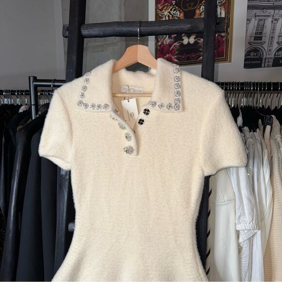 Sierra Darien Elegant Ivory Soft Knit Mini Dress with Crystal Embellished Collar - Picture 8 of 16